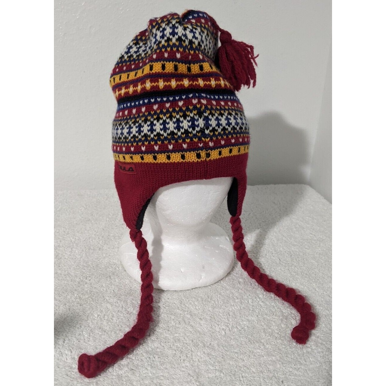 Bula Red Beanie Hat Wool Winter Ski Braided Tassels Ear Flaps W/ Pom Pom